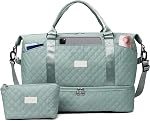 50L Large Travel Duffel Bag with Shoe Compartment for Women, Carry on Overnight Weekender Bags with Wet Pocket, Hospital Pack with Small Toiletry Bag, White