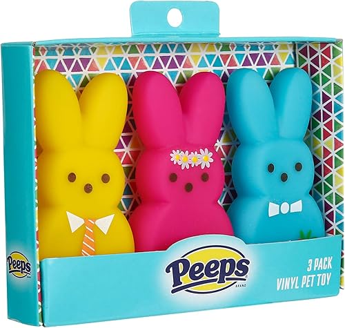Miniatura 2 de Peeps Juguetes de vinilo para perros de 3 piezas para mascotas, color amarillo, rosa, azul, juguetes de plástico chirriantes de 4 pulgadas, paquete