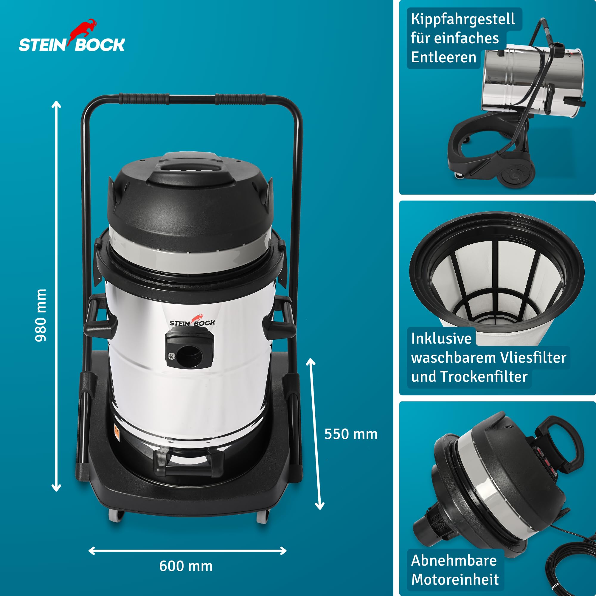 Steinbock Industriesauger nass & trocken| 3.300 Watt | 78 l Fassungsvermögen | mit 3 leistungsstarken Motoren | Für Flüssigkeiten, Feinstaub und groben Schmutz |Kippfahrgestell | Edelstahltank