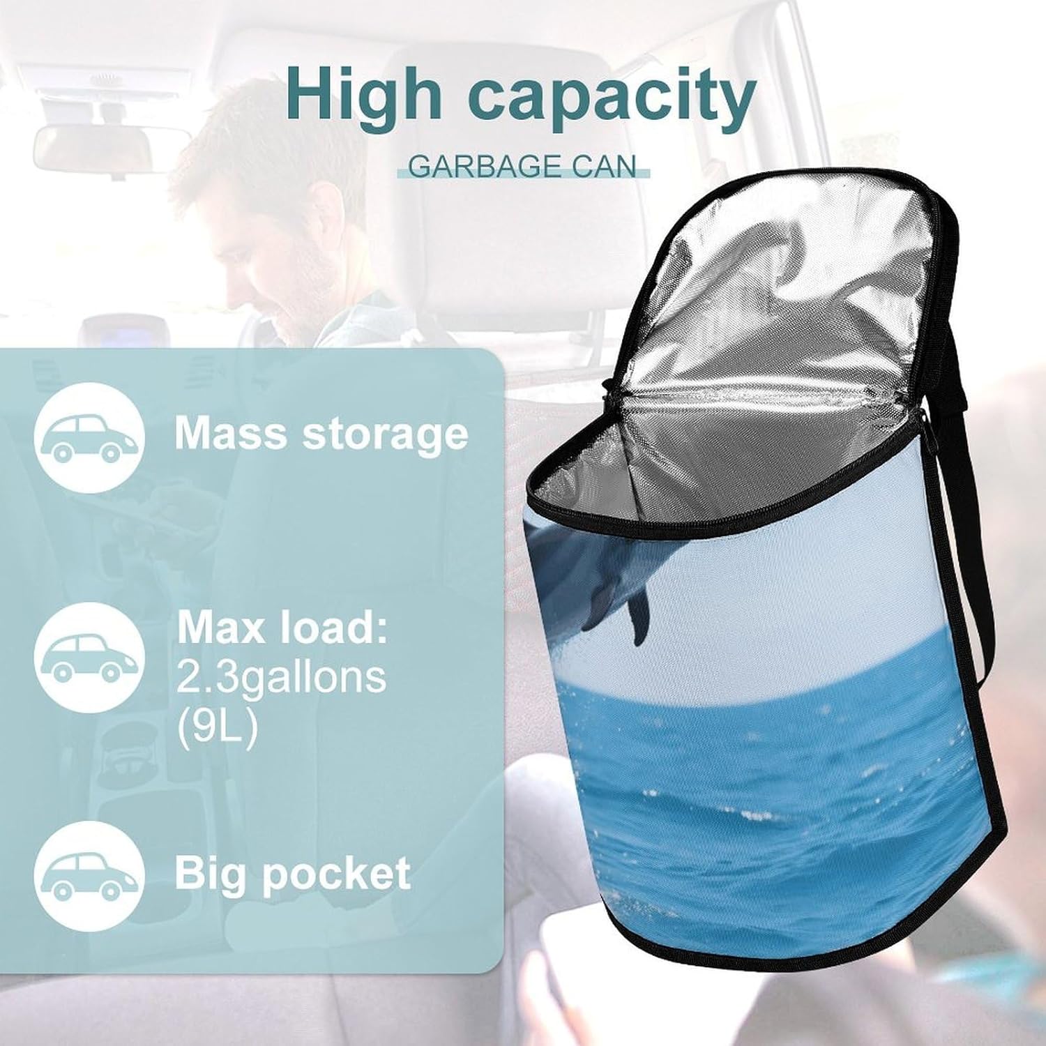 MUSM Leakproof Car Trash Can 2.5 Gallon, Durable Automotive Garbage Bag with Waterproof Liner, Dolphin Underwater Trash Bag for Car, Truck, RV & Bathroom