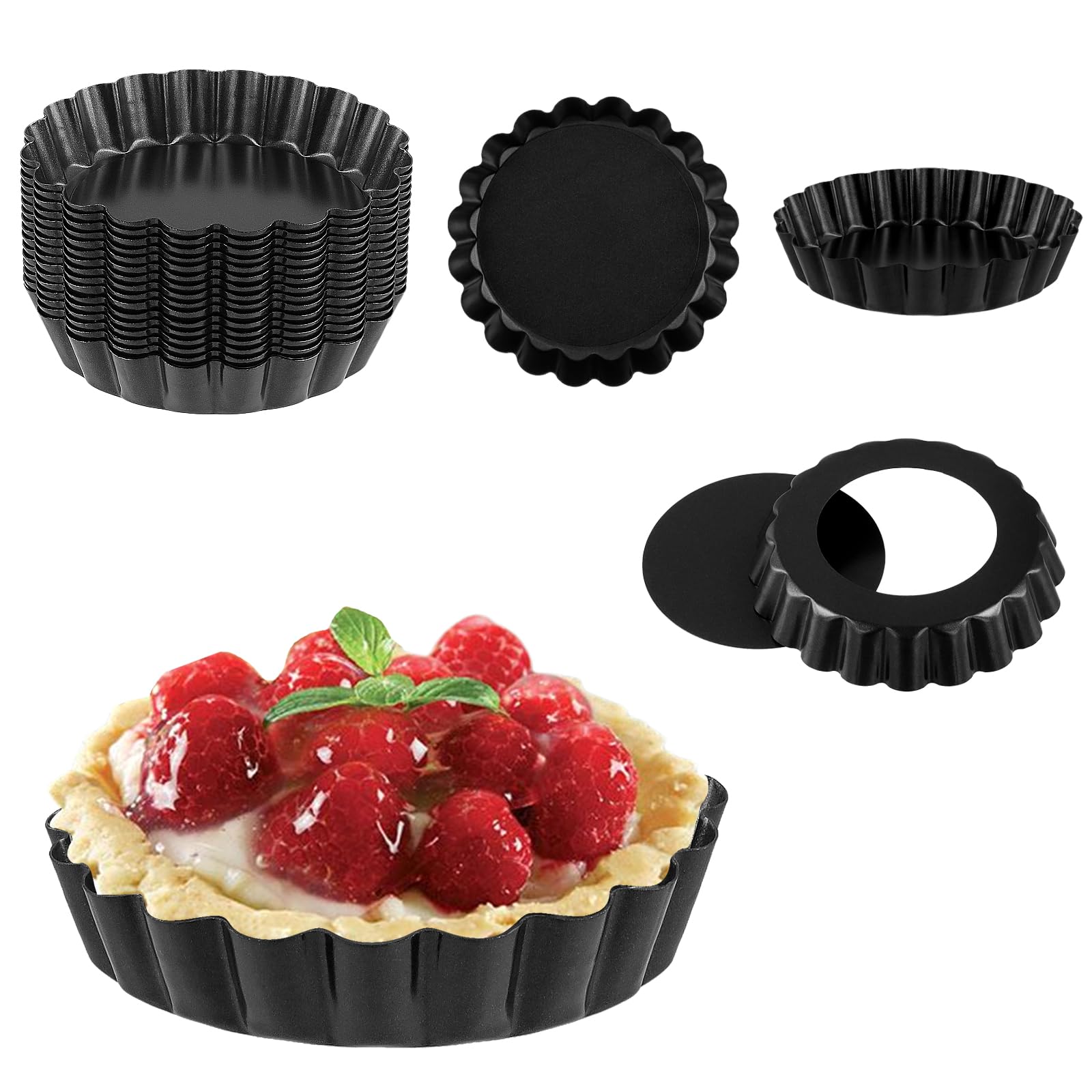 SOUJAP 20PCS 4 Inch Quiche Tins with Loose Base, 10cm Mini Individual Tart Flan Pan for Baking, Black, 9.8 x 7.5 x 1.8 cm