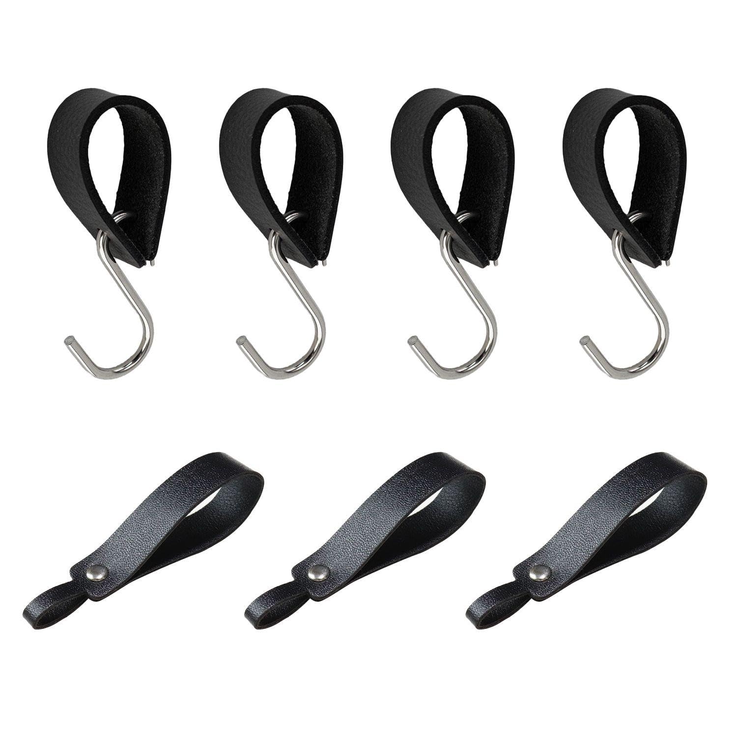 Wufgwbd Black 4 Pieces Of Leather Metal S-Shaped Hooks And 3 Pieces Of Leather Cover Buckles, Durable Hooks, Multifunctional Hooks, Coat Hooks, Kitchen Hooks, Home Accessories