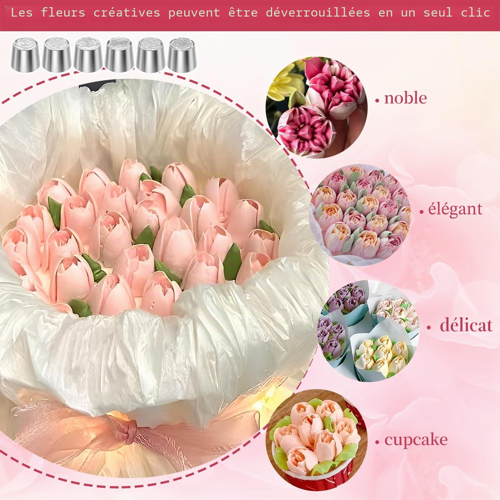 Lot de 6 douilles russes extra larges en acier inoxydable pour décoration de gâteaux, crème glacée, bouquet de fleurs, biscuits