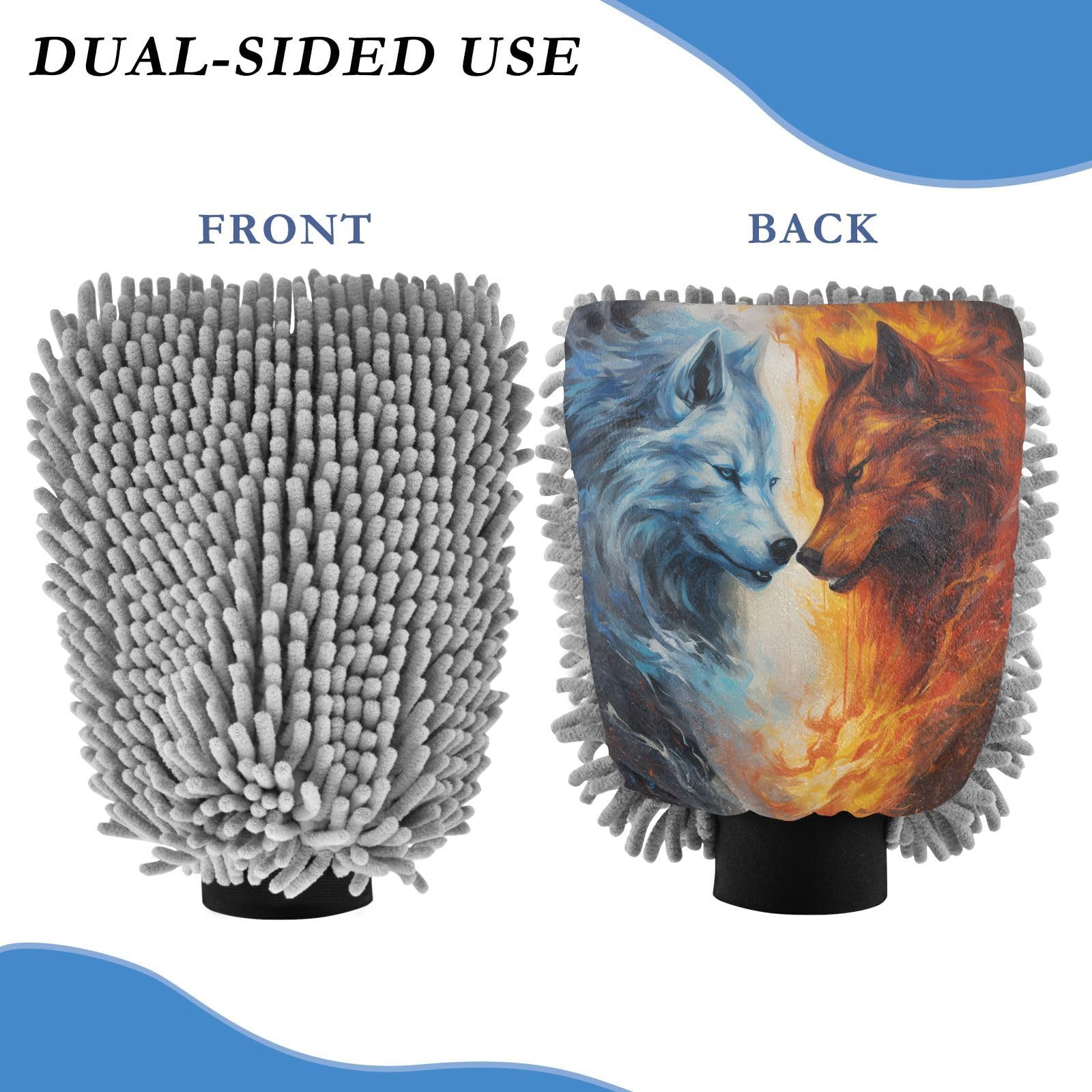 ALAZA Ice Wolf & Fire Wolf Car Wash Mitt Scratch Free, 2 Pack Absorbent Microfiber/Chenille Washing & Drying Mitts, L