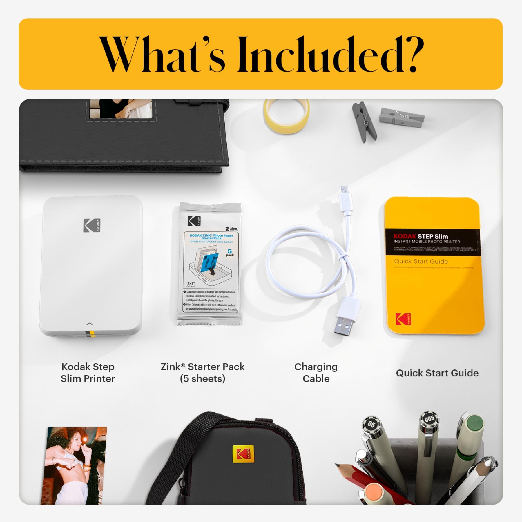 KODAK Step Slim Natychmiastowa Drukarka Zdjęć do Smartfona - Przenośna, Elegancka Kolorowa Bezprzewodowa Drukarka - Zdjęcia Zink 2x3” z Klejem - Drukowanie z iOS i Android przez Bluetooth - Biała