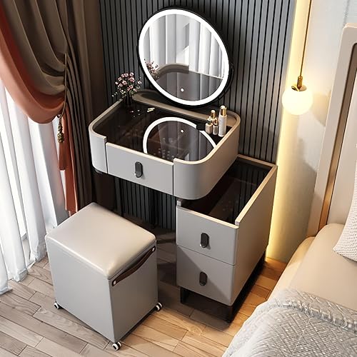 Miniatura 12 de Vanity Desk with Mirror and Drawers, White Vanity with Mirror, Wooden Makeup Desk for Bedroom Dressing Room, with Adjustable Brightness Mirror,White