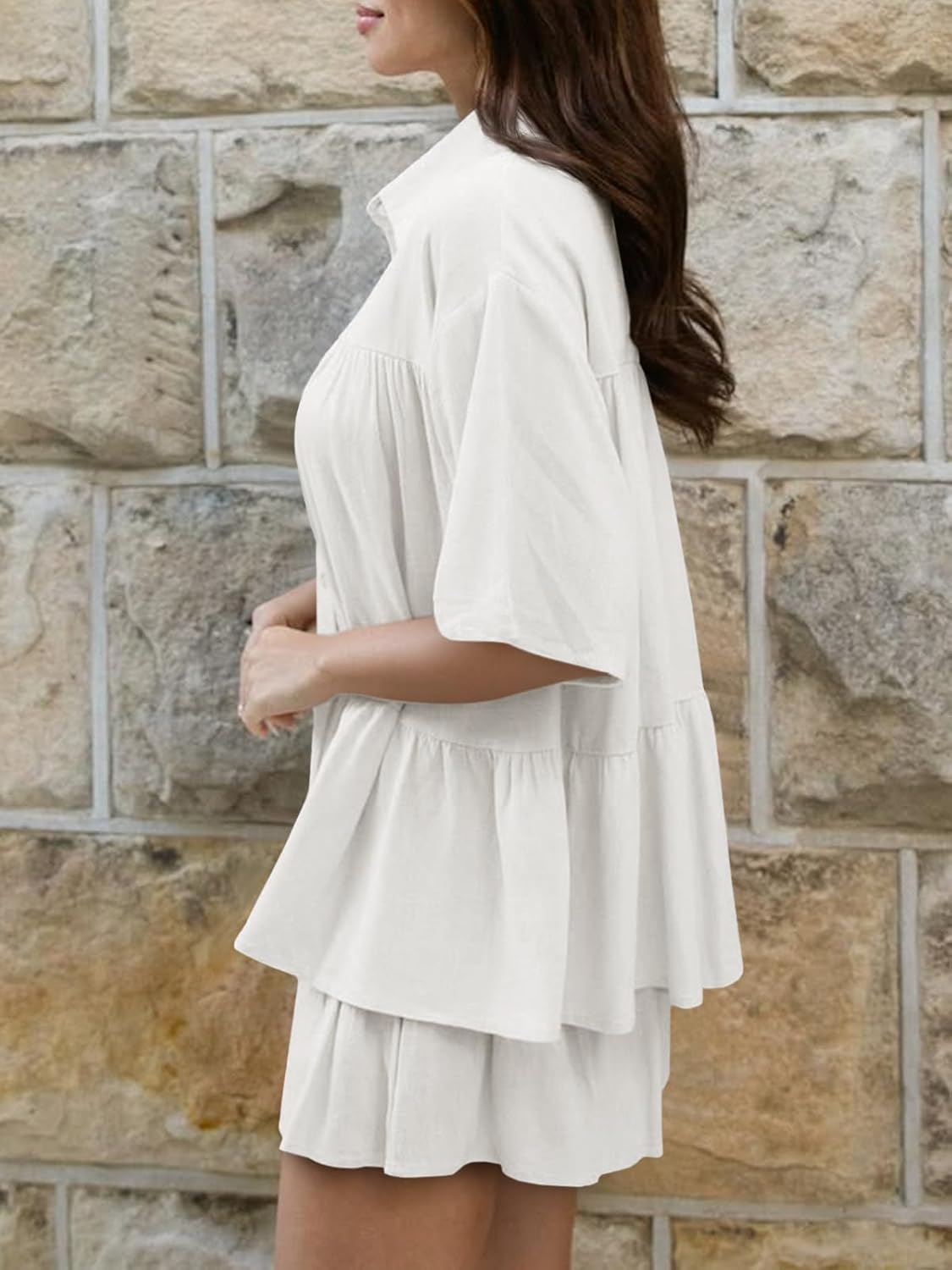 Cicy Bell Womens 2 Piece Outfits Summer Pleated Button Down Shirts High Waisted Shorts Lounge Sets - Image 4