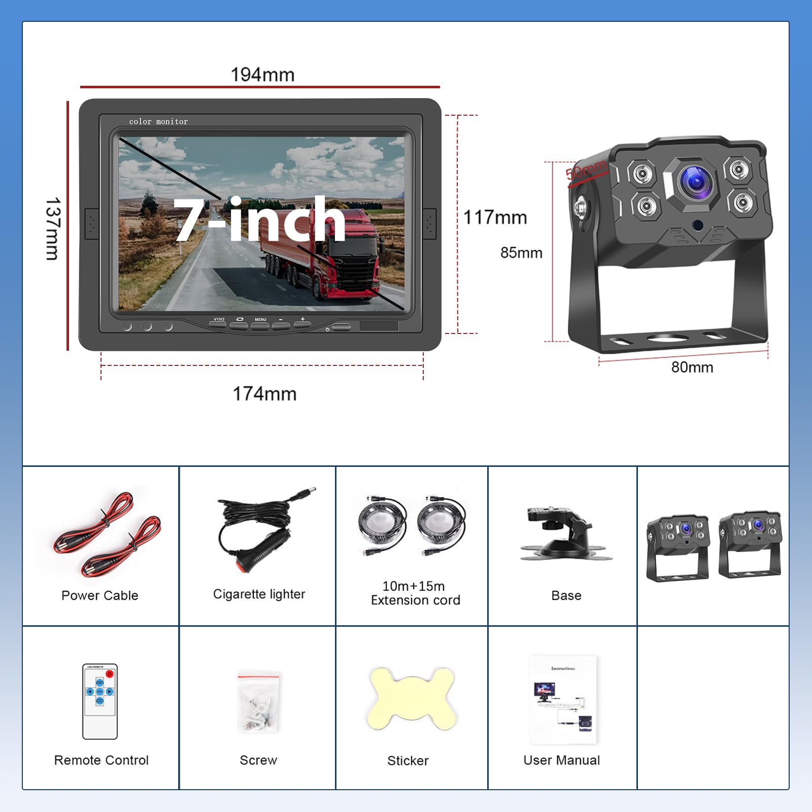 Caméra de Recul 2 Caméras Moniteur IPS 7 Pouces Caméra AHD Étanche, Vision Nocturne Double Caméra Avant Arrière Voiture avec écran, Filaire (9-36 V) Camera de recul pour Camion/Camping Car/Caravane