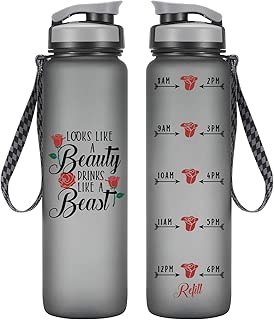 LEADO 32oz 1Liter Motivational Tracking Water Bottle with Time Marker - Looks Like a Beauty Drinks Like a Beast - Funny Best Friend Birthday Gifts - Disney Gift for Women - 21st Birthday Gift for Her