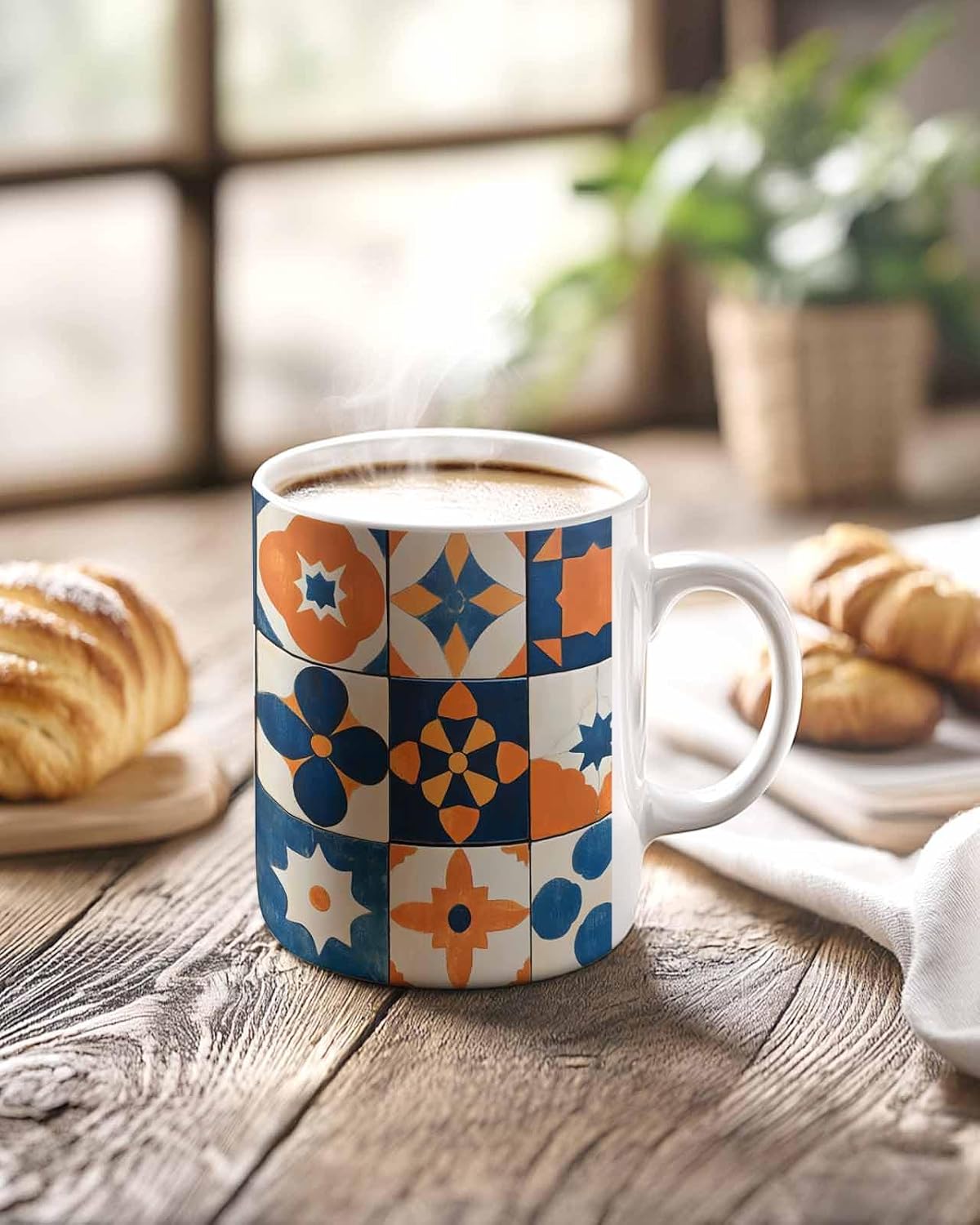 BEMIGO Ceramic Coffee Mug Boho Abstract Geometric Ceramic Mug White Cup, Orange Blue Art Insulated Coffee Cup with Handle with Pattern Perfect for Tea and Hot Beverages, 12oz