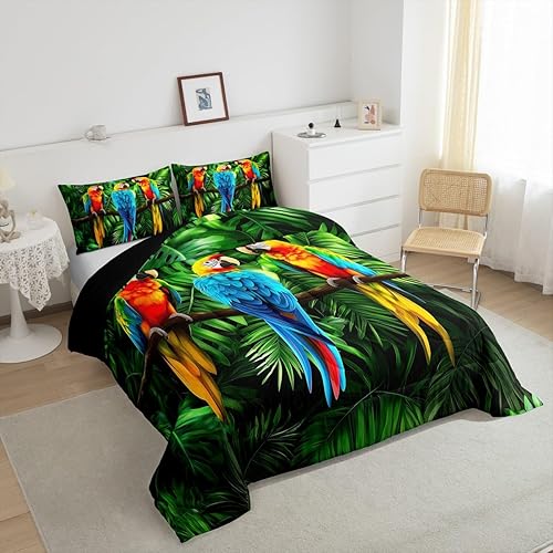 Miniatura 4 de Juego de ropa de cama de loros tamaño Queen, edredón de plumas de animales en acuarela, juego de edredón de hojas de palma para niños, adolescentes
