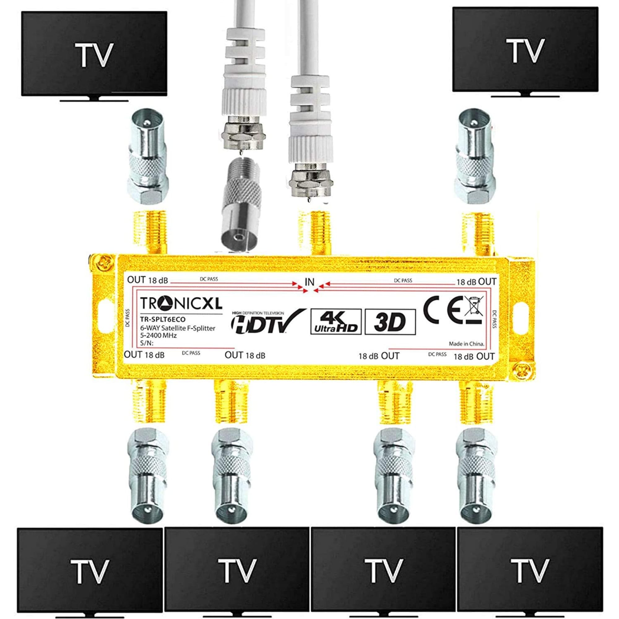TronicXL Rozdzielacz antenowy 4K 6-krotny 3D HD kompatybilny z IEC rozdzielacz TV SAT rozdzielacz 6-krotny F-Stecvker + kabel + adapter koncentryczny do telewizji kablowej DVBC DVBT2 kompatybilny z