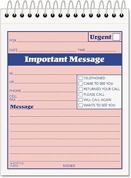 TOPS 2-Part Carbonless Phone Message Book, 4.25 x 6 Inches, Top Spiral Binding, 1 per Page, 50 Sheets, Pink and Canary, 4010