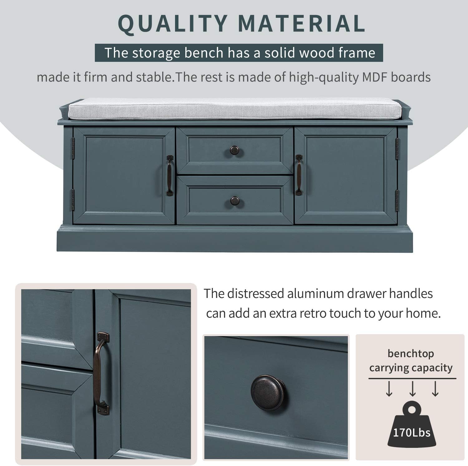 Storage Bench, Solid Wood Shoe Bench with 2 Drawers/2 cabinets/Removable Cushion, Modern Entryway Bench for Living Room, No Assembly Required (Blue-5) 42.9L*15.9W*17.5H inch