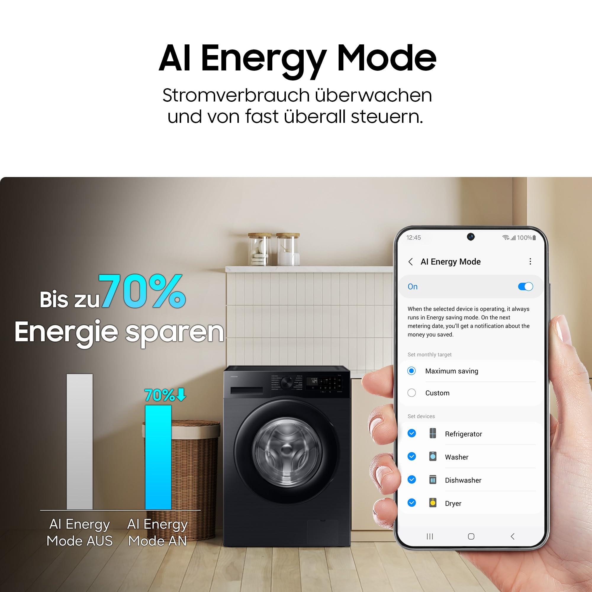 Samsung WW81FG5L32ABEG Waschmaschine, 8 kg, Platzsparende SLIM Ausführung, Nur 47 cm tief, AI Ecobubble und Energy Mode, SmartThings, Super Speed und Hygiene-Dampfprogramm, Schwarz