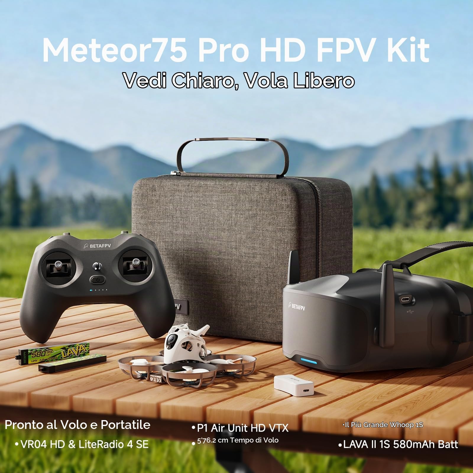 BETAFPV Meteor75 Pro P1 HD FPV Kit, LiteRadio 4 SE, VR04 HD Goggles, 1S RTF | P1 Air Unit VTX 1080P with LAVA II 580mAh Lipo Bat Up to 6Min, Simulator, DVR Function, Portable Bag Ready to Fly for Cine