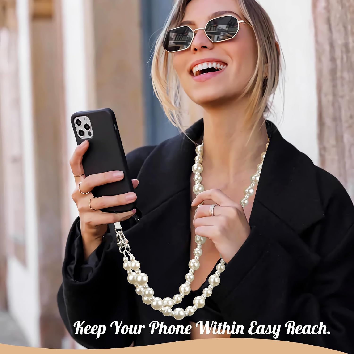 TiMOVO Universal Phone Lanyard, Beaded Pearls Cell Phone Chain Anti-Theft Crossbody Strap for iPhone 15 Pro Max and Most Smartphones, Adjustable Cell Phone Neck Holder for Women, White