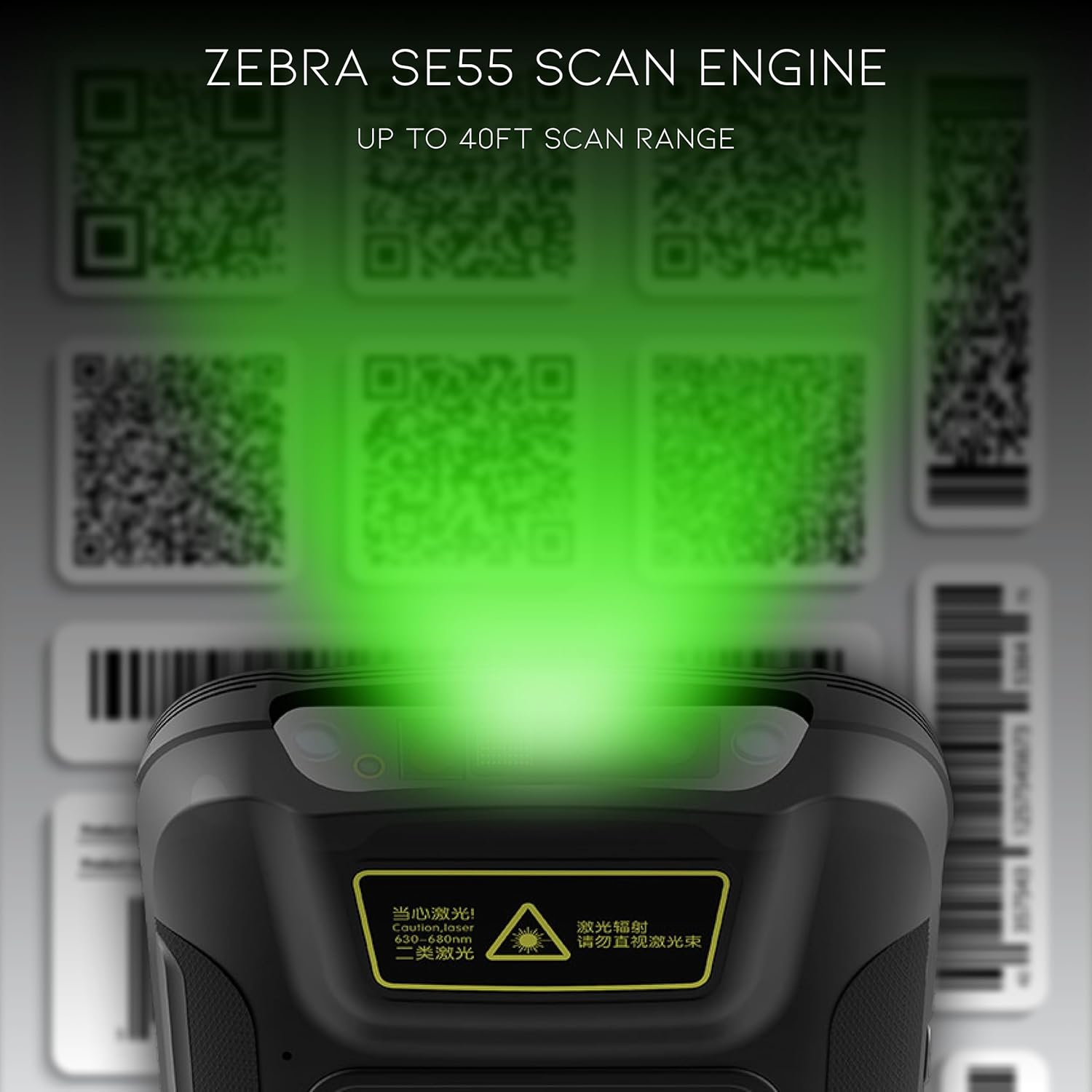 Zebra SE55 Scan Engine in action, showing green laser scanning barcodes