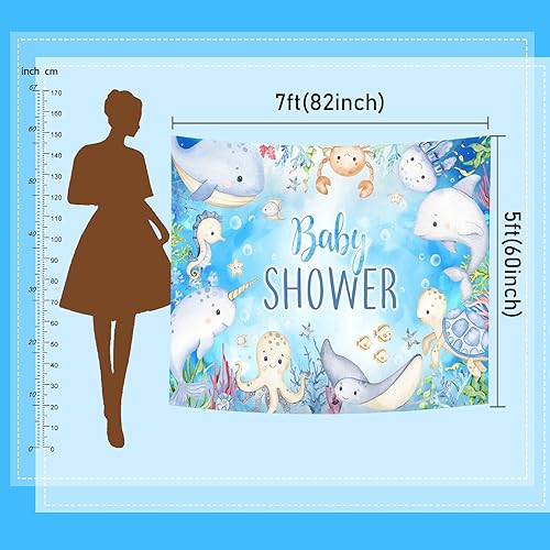 Miniatura 4 de Mocsicka Fondo de baby shower con temática de mar oceánico, bajo el mar, cartel para fiesta de baby shower, acuarela, pulpo, ballena, tiburón,