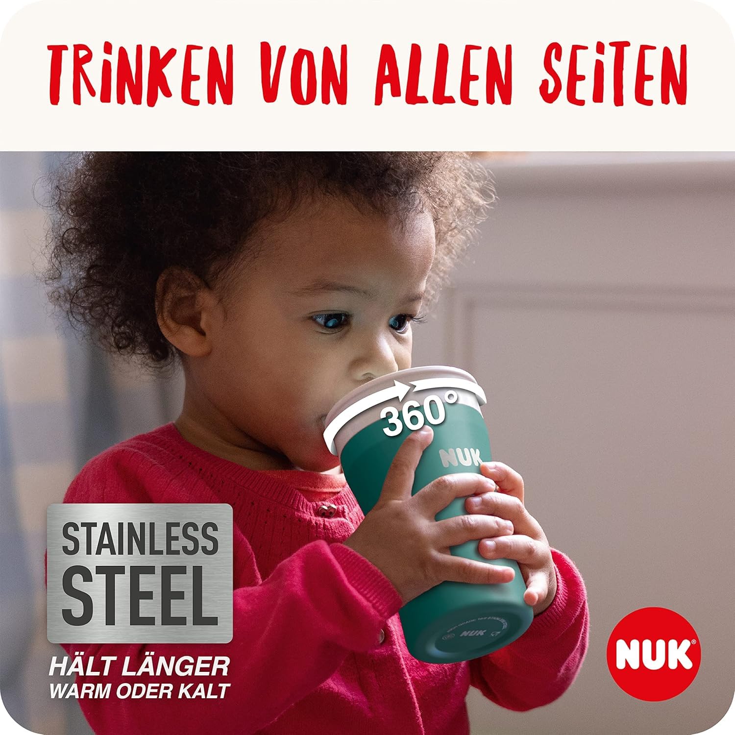 NUK Magic Cup Edelstahl Set – 2x Trinkbecher Türkis 230ml + 2 Ersatzdeckel & 2 Trinktüllen – Bruchsicher, isolierend, BPA-frei, Trinklernbecher für unterwegs
