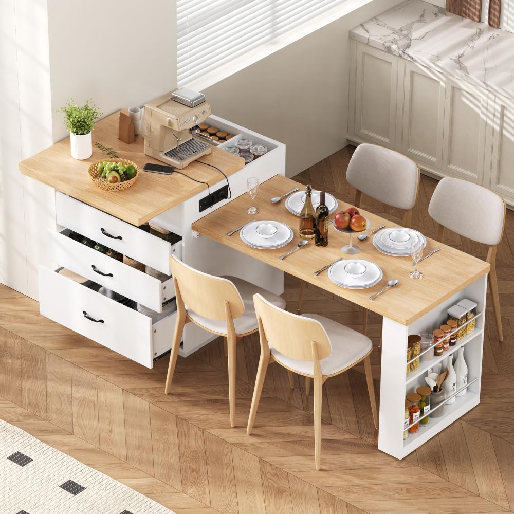 Sapgaks Table de Bar,Îlot de Cuisine sur roulettes,Table à Manger Extensible avec éclairage LED, Table de Cuisine avec multiprises, Sert d'îlot de Cuisine, de Buffet ou de Table de Bar (Blanc-2)