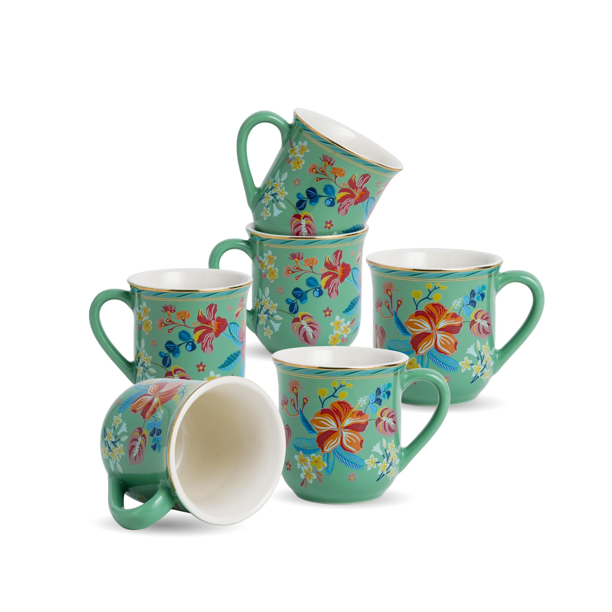 Ceramic Tea Cups Set of 6, Big Bold Floral Mint,180ml | Glossy Finish | Small Cups for Tea (Floral Tea Cups - Mint Big Bold)