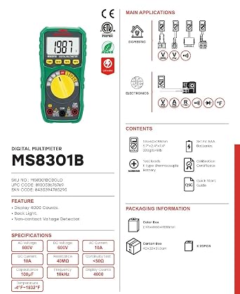 Mastech MS8301A/B/D MS8321A/D MS8332C MS8333A MS8340A Digital Multimeter DMM Meter AC/DC Voltage Current Ohm Meter with Temperature Diode Continuity Tester(MS8301B)