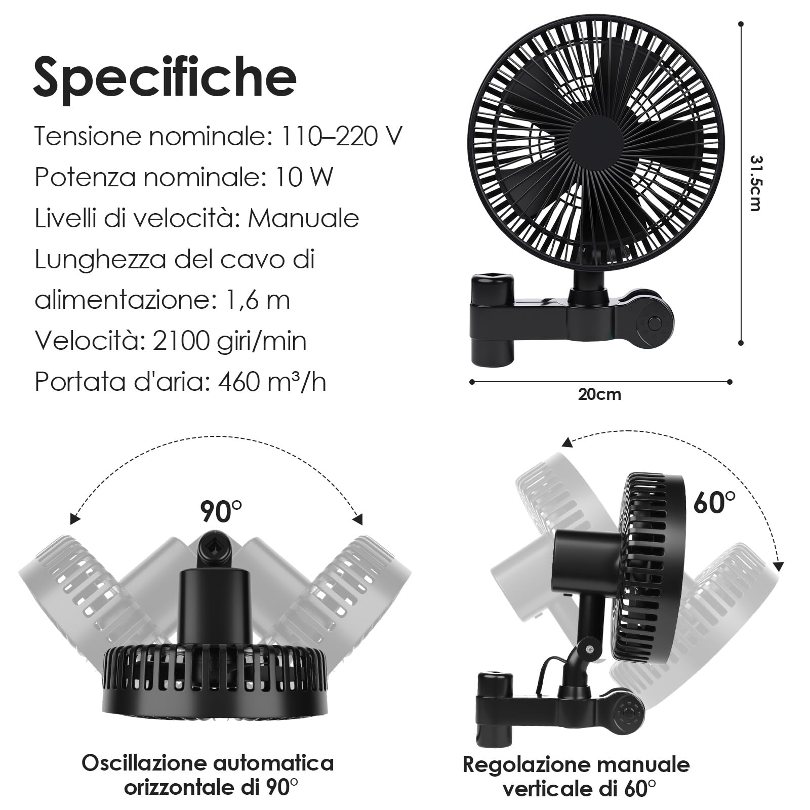 Grow Ventilatore con Clip, 4 Livelli di Velocità, Classe di Protezione IP-44, Motore EC, Ventilatore Oscillante a Morsetto per Growbox/Tenda, Potenza 10W