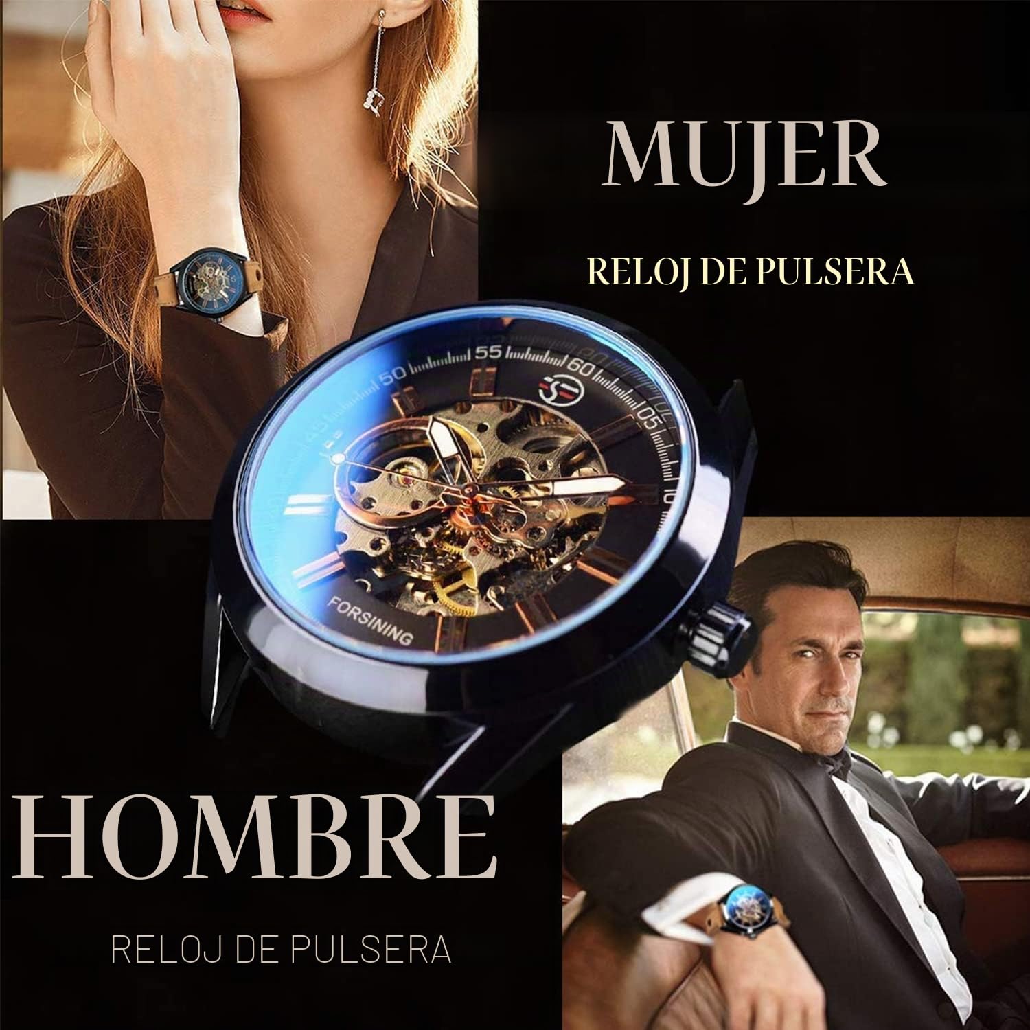 Gute Reloj automático para hombre, reloj de pulsera mecánico automático de esqueleto, analógico, casual, deportivo, reloj de cuero marrón