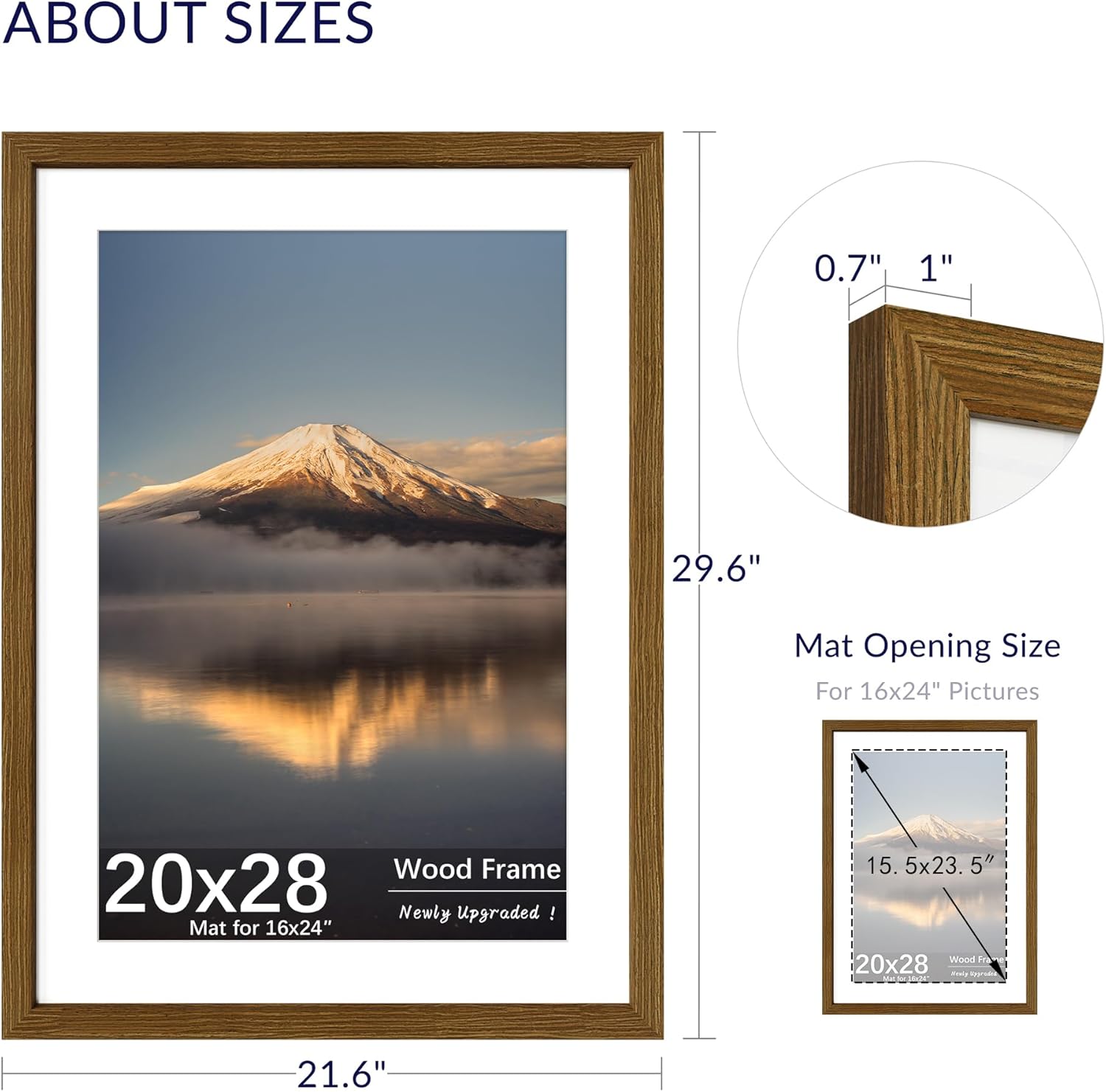 20x28 poster frame, display pictures 16x24 with mat or 20x28 without, wall hanging frames, rustic brown, 3 pack brown 20x28