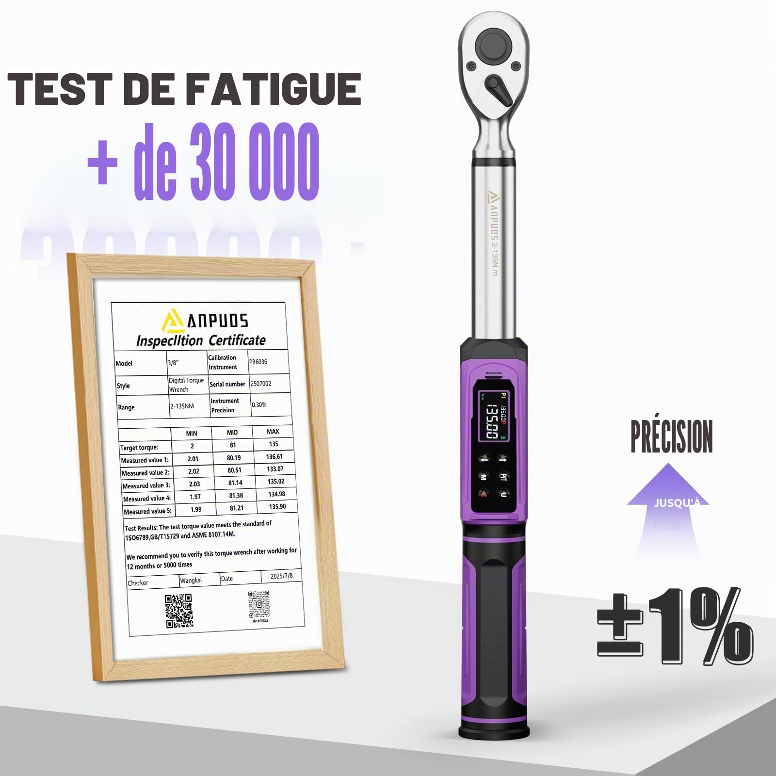 ANPUDS Clé Dynamométrique Numérique 3/8" (2-135 Nm) pour Autos et Motos, Précision ±1% avec Alertes Vibrantes, Sonores et LED, Set de Serrage Électronique pour Roues, Freins et Mécanique Générale