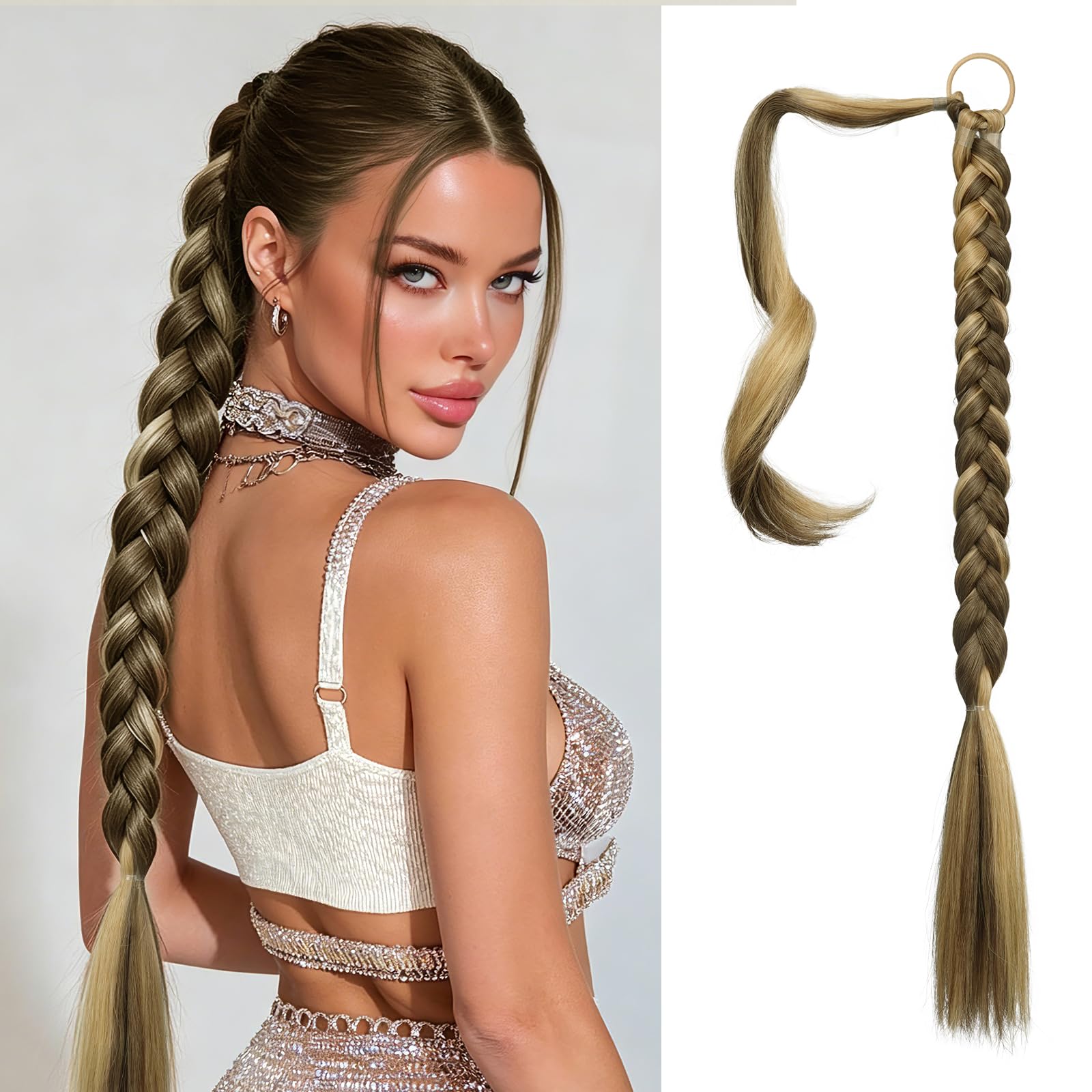 Photo 1 of Sofeiyan Long Braided Ponytail Extension - 26 Inch Ash Brown Highlighted Blonde