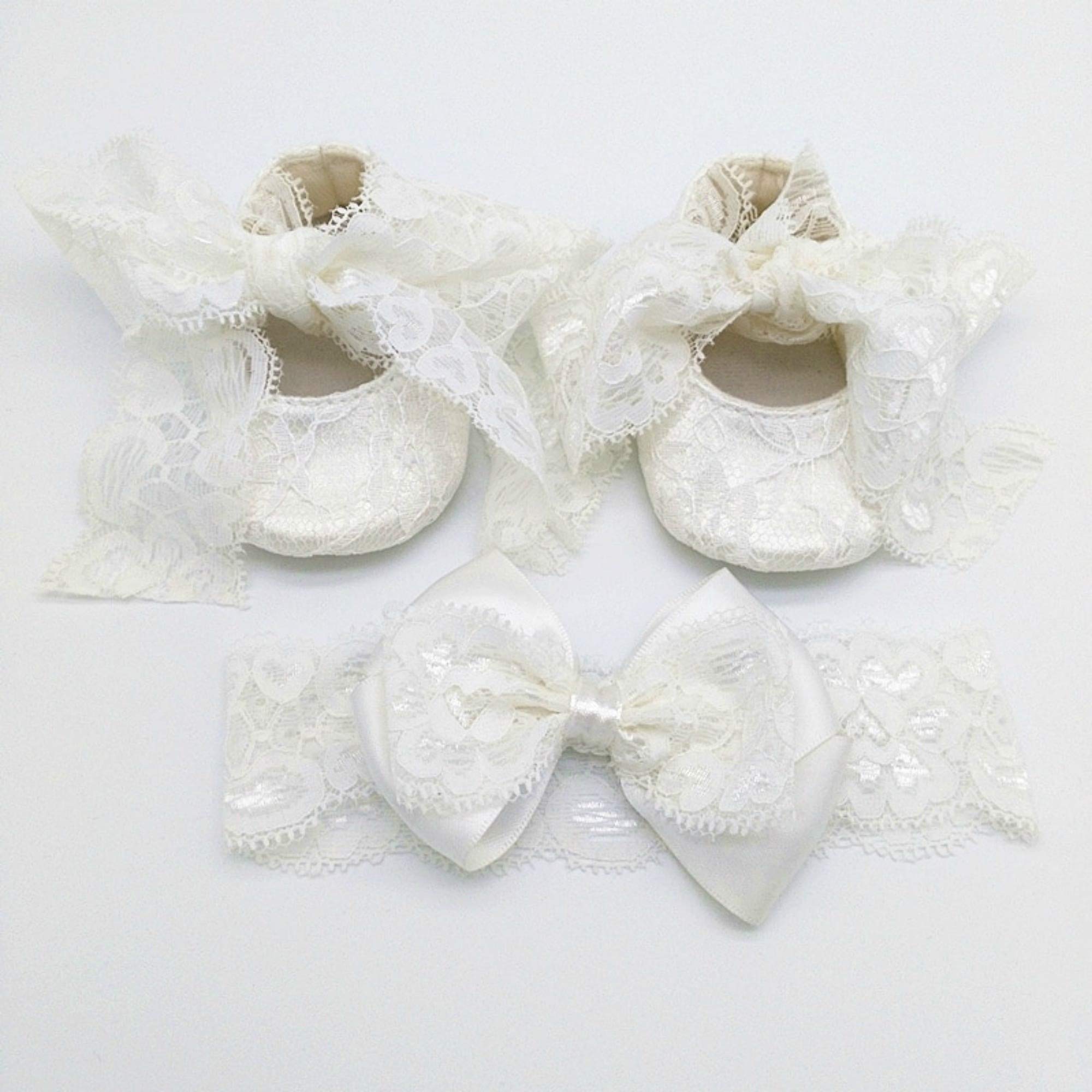 SET PIZZO FASCIA CAPELLI E BALLERINE IN PIZZO BIANCO BAMBINA NEONATA SCARPINE SCARPE ELEGANTI BATTESIMO CERIMONIA NASCITA 10 CM Brillabenny (0-3 Mesi)