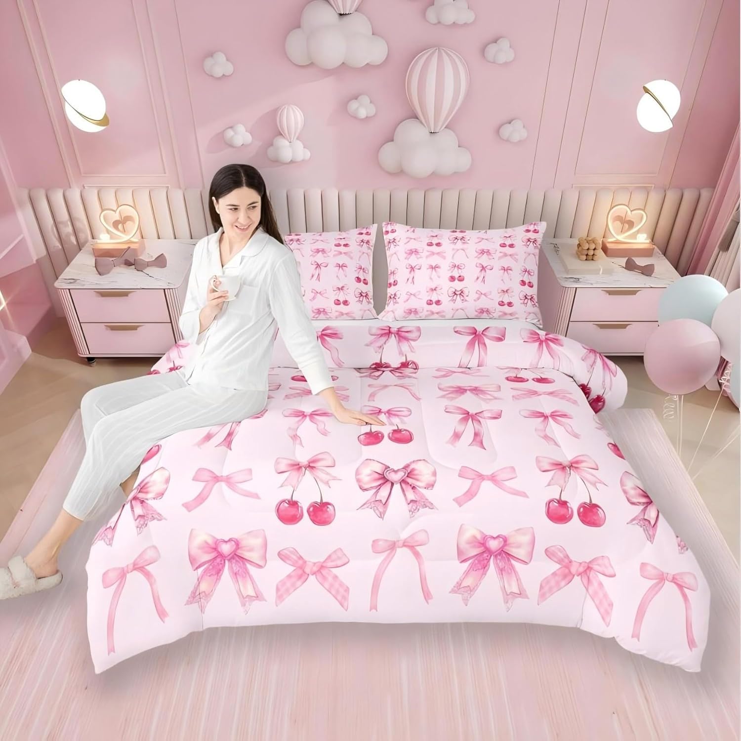 Erosebridal Pink Cherry Bow Comforter Set Cute Silk Ribbon Bowknot Twin Bedding Sets for Girls,Princess Bow Tie Bed Set Dreamy Kawaii Duvet Set,Girly Light Pink Room Decor Aesthetic