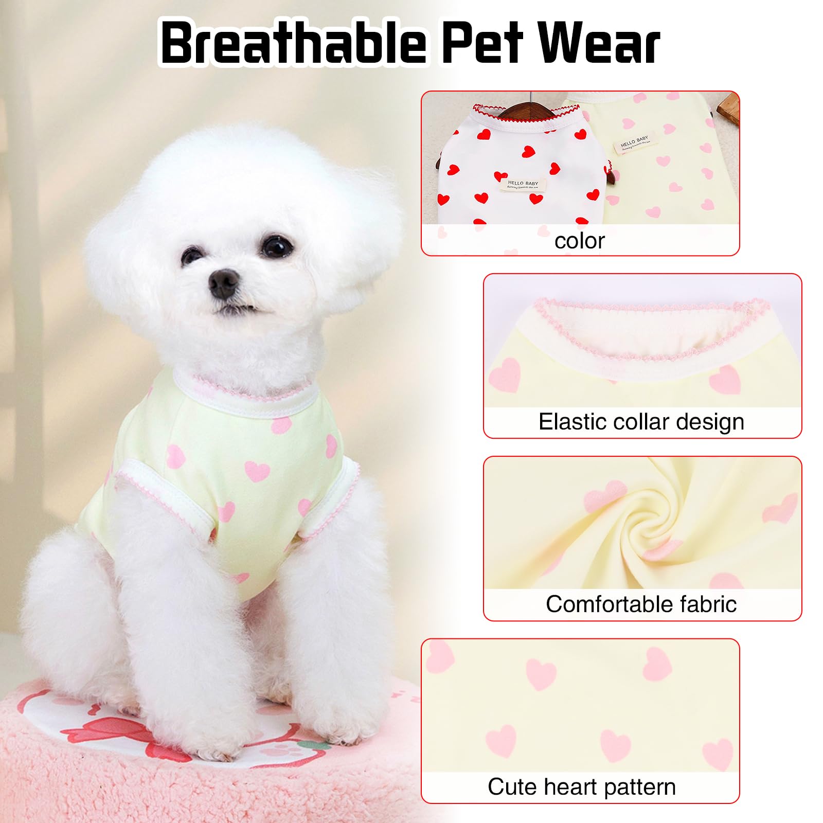 Maglietta Smanicata Estiva per Cani Piccoli e Gatti - Top con Cuori Stampati, Vestito Elastico Senza Maniche