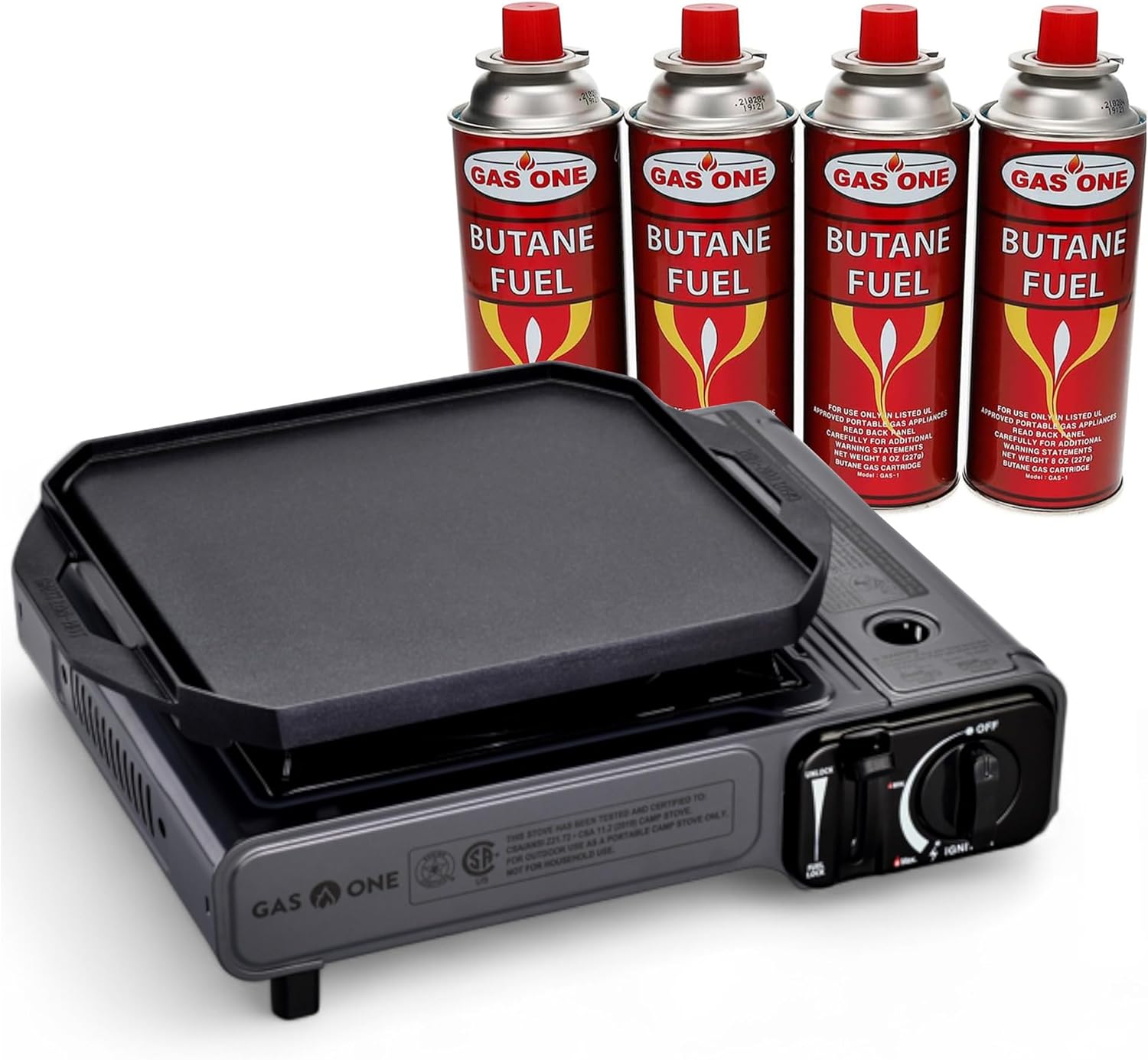GasOne GS-1000G-KIT Butane Gas Stove with Flat Top Griddle Included – Butane Grill Tent Stove Burners for Cooking for Camping, Kitchen – Diecast Aluminum with Non Stick Coating (Stove + 4 Fuel)