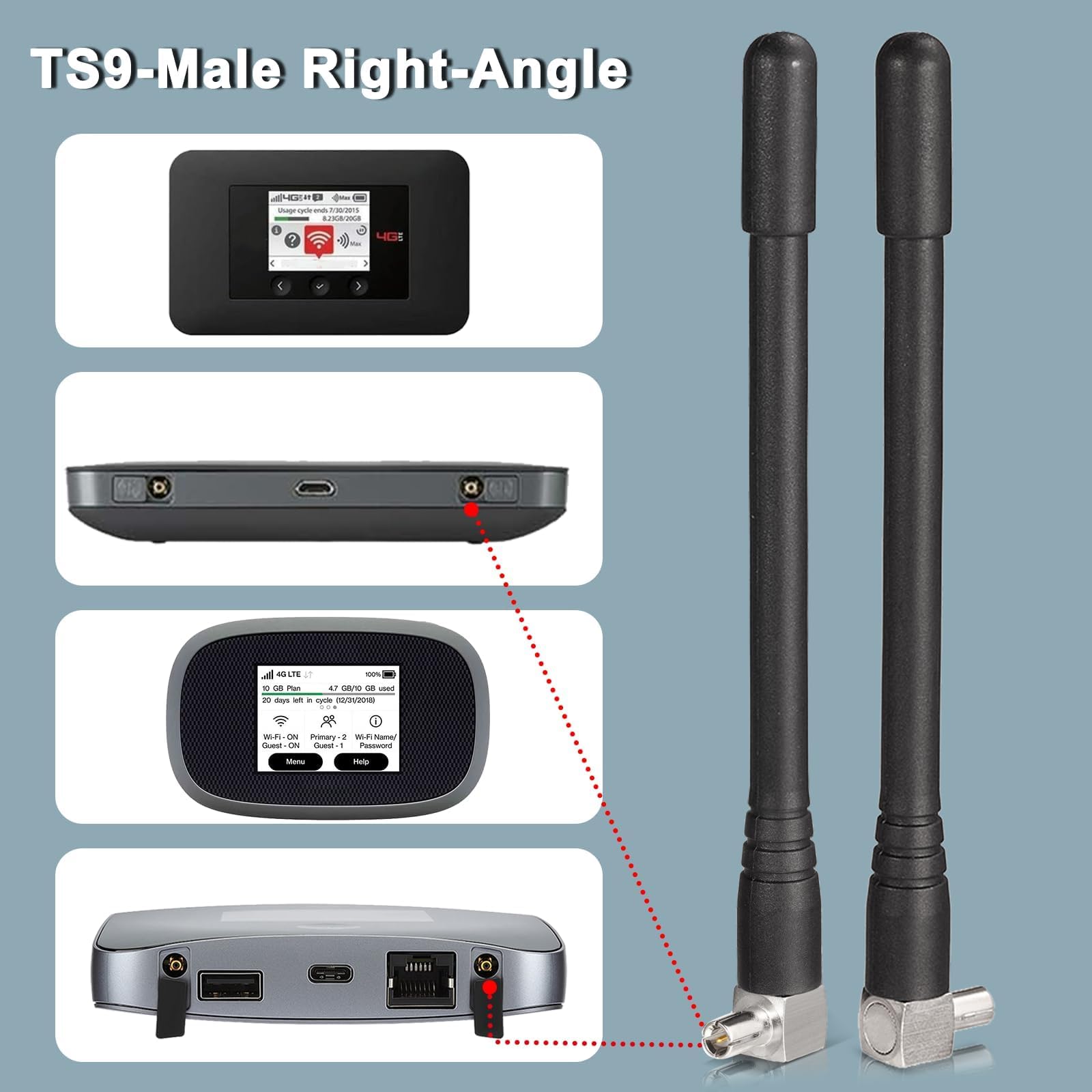 Bingfu 4G LTE antena 3 dBi zewnętrzna antena TS9 (2 sztuki) Kompatybilna z 4G LTE MiFi mobilny WiFi hotspot router USB modem Nighthawk AC785 AC790 AC810 LB2120 Huawei ZTE