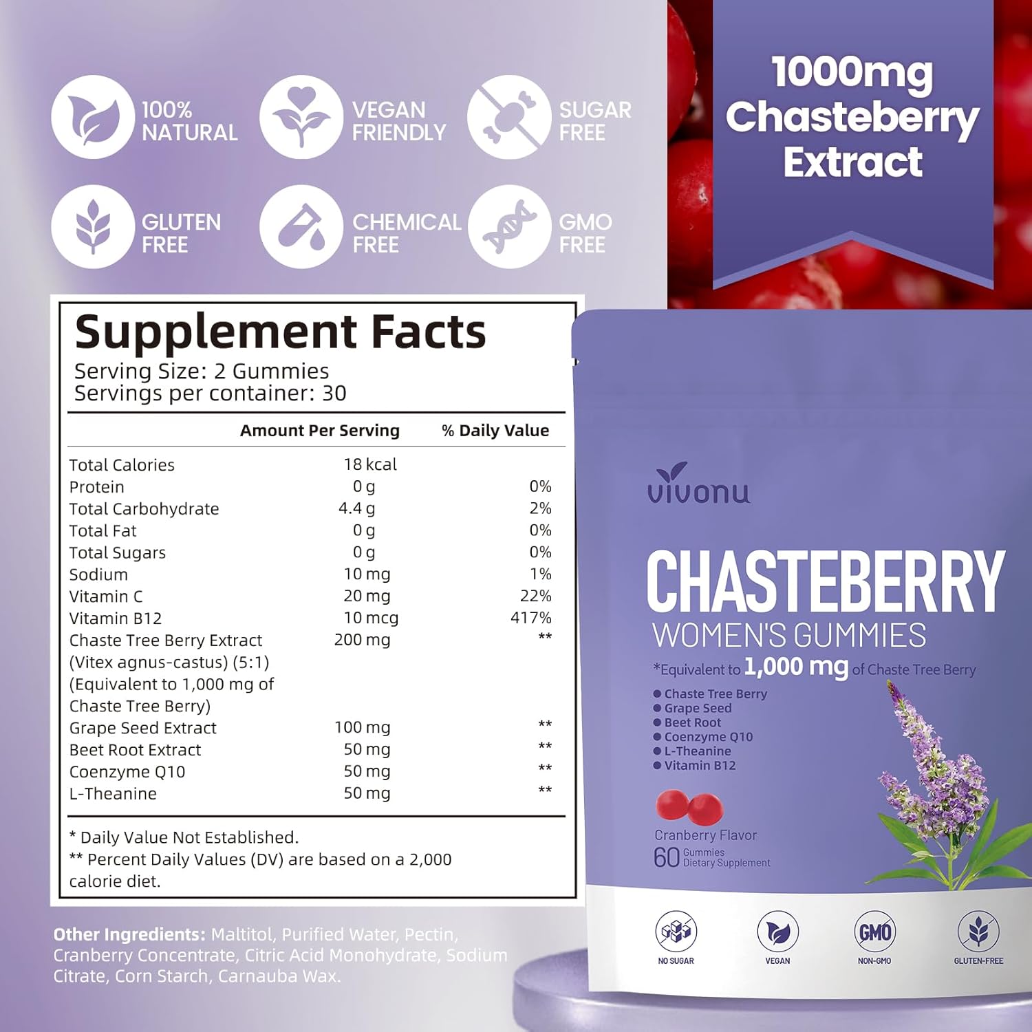 Chasteberry Supplement for Women Gummies, 1000mg Chasteberry Extract, Contains Grape Seeds, Coenzyme Q10 Vitamin B12 and Other Trace Elements Hormone Balance Menstrual Cramp Relief (60 Gummies/1Bag)