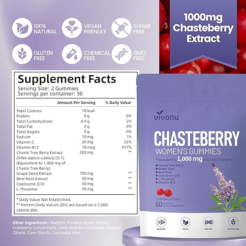 Miniatura 8 de VivoNu Probióticos para mujer + gomitas Vitex pH y equilibrio hormonal, olor, levadura y calambres menstruales con arándano, casteberry, CoQ10,