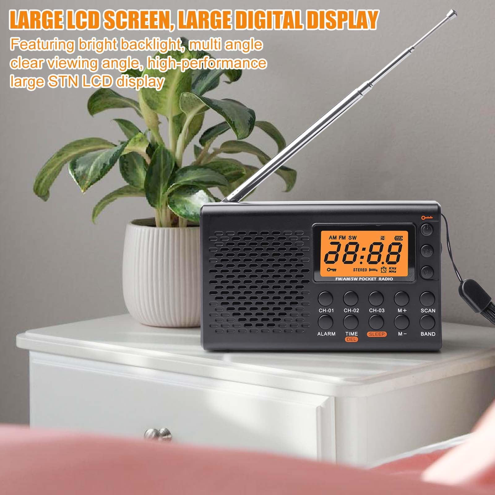 GAOUTO Radio Portable AM, FM, SW, Portable, avec Fonctionnement à Piles, écran LCD, FM, 35 préréglages, Prise Casque, Fonction Alarme, minuterie de répétition (Pas de Batterie)