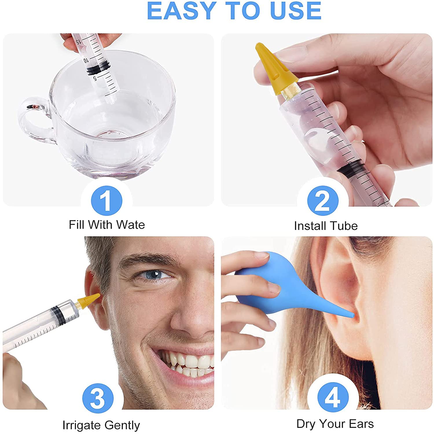 Pulitore Orecchie con 4 Punte a Getto Quintupla, Kit Siringa Pulisci Orecchie, Pulitore Intelligente per le Orecchie per Rimuovere il Cerume Facile da pulire per Bambini e Adulti