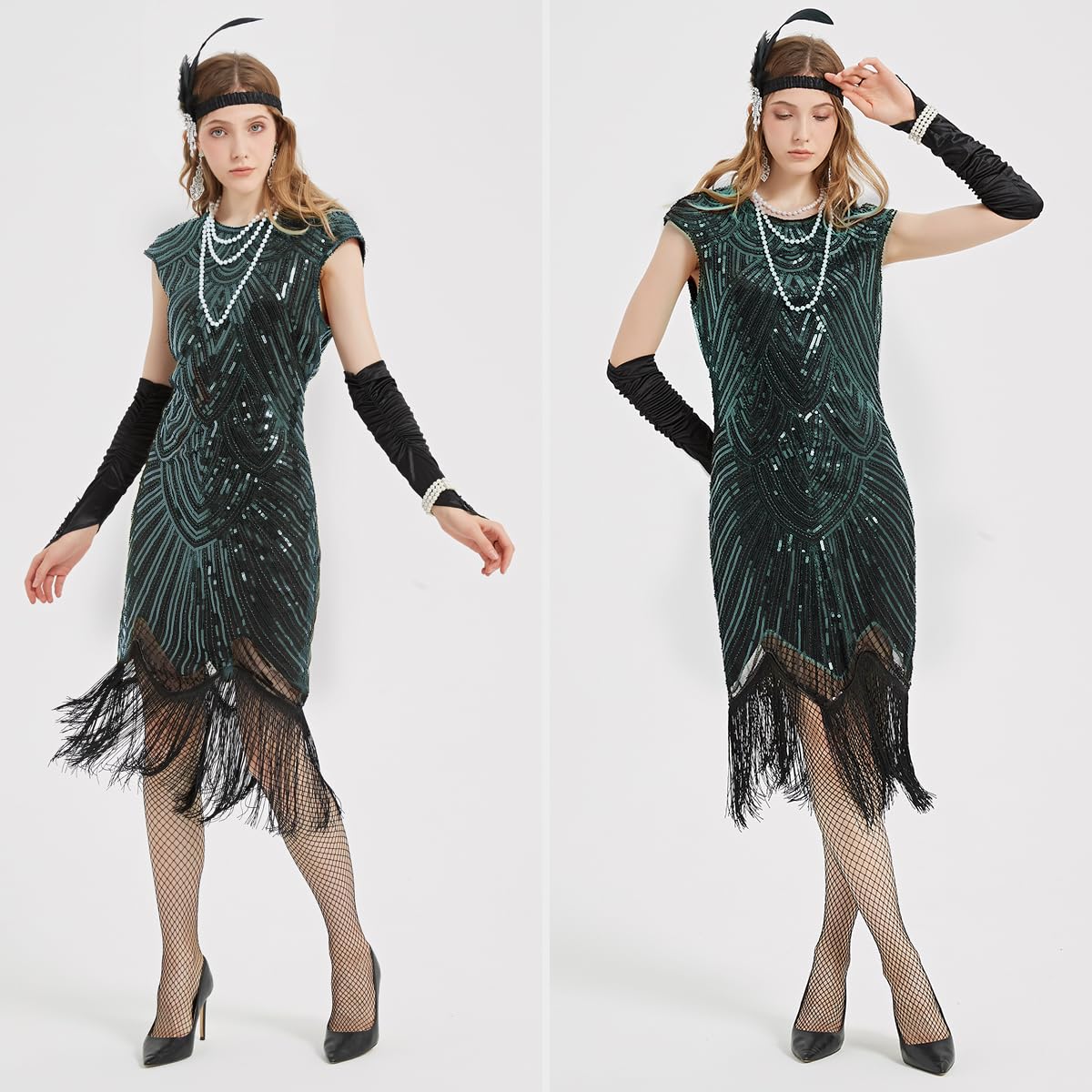 WILDPARTY Vestidos de los años 20 para mujer, vestido flapper con lentejuelas y cuentas, medias de malla con flecos, vestido de los años 20, disfraz vintage de mafia para mujer