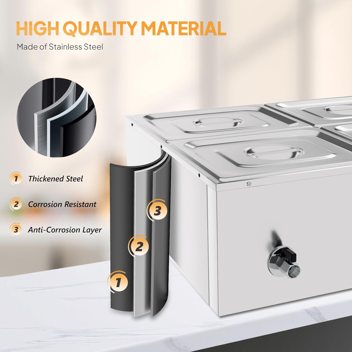 Bonnlo 42.3 QT 4 Pan Commercial Electric Food Warmer, Counter Top Electric Bain-Marie with Warming Plate, Steam Table Food Warmer for Catering, Parties Buffet and Restaurant, Stainless Steel, 1200W