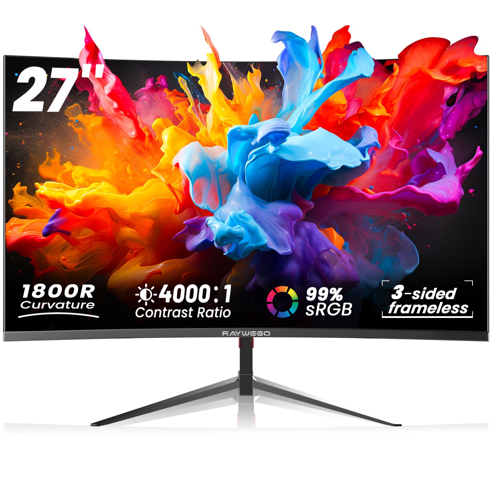 Raywego 27 inch 1800R Curved Monitor 100Hz Computer Monitor 1080p Monitor,4000:1 Contrast Ratio,Three-Sided Slim Bezels,Blue Light Filter Tilt & VESA