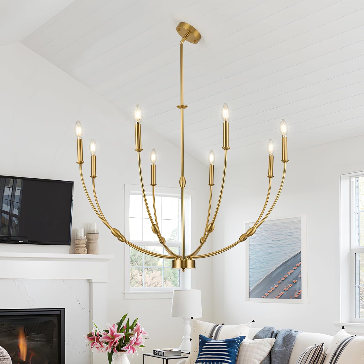 8-Light Candle Chandeliers, 35 Inch Brushed Gold Dining Room Light Fixture, Modern High Ceiling Chandeliers for Living Room, Entryway, Foyer