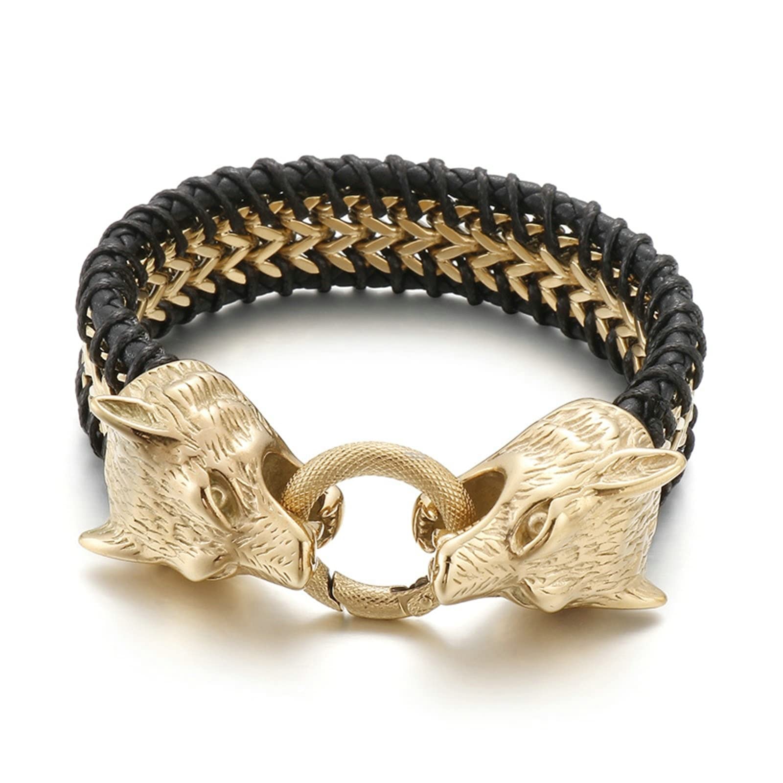 Aeici Pulsera de acero para hombre, pulsera de cuero indio para hombre, pulsera trenzada con cabeza de lobo