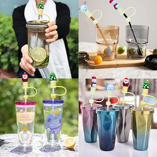 Miniatura 6 de Kleeblatt Tapa de popote desmontable para copa Stanley, 4 piezas de pajitas de silicona con estilo de aviación navideña, reutilizables, para vasos,
