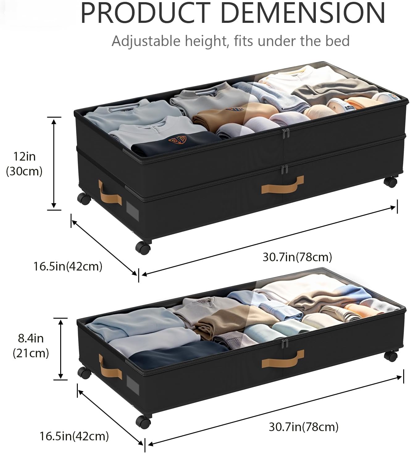 Under Bed Storage with Wheels 2-Pack, 75L XXL Under the Bed Storage Containers Large, 12" Tall Adjustable Storage for Underbed with Lids, Rolling for Clothes, Shoes, Blankets (Black)