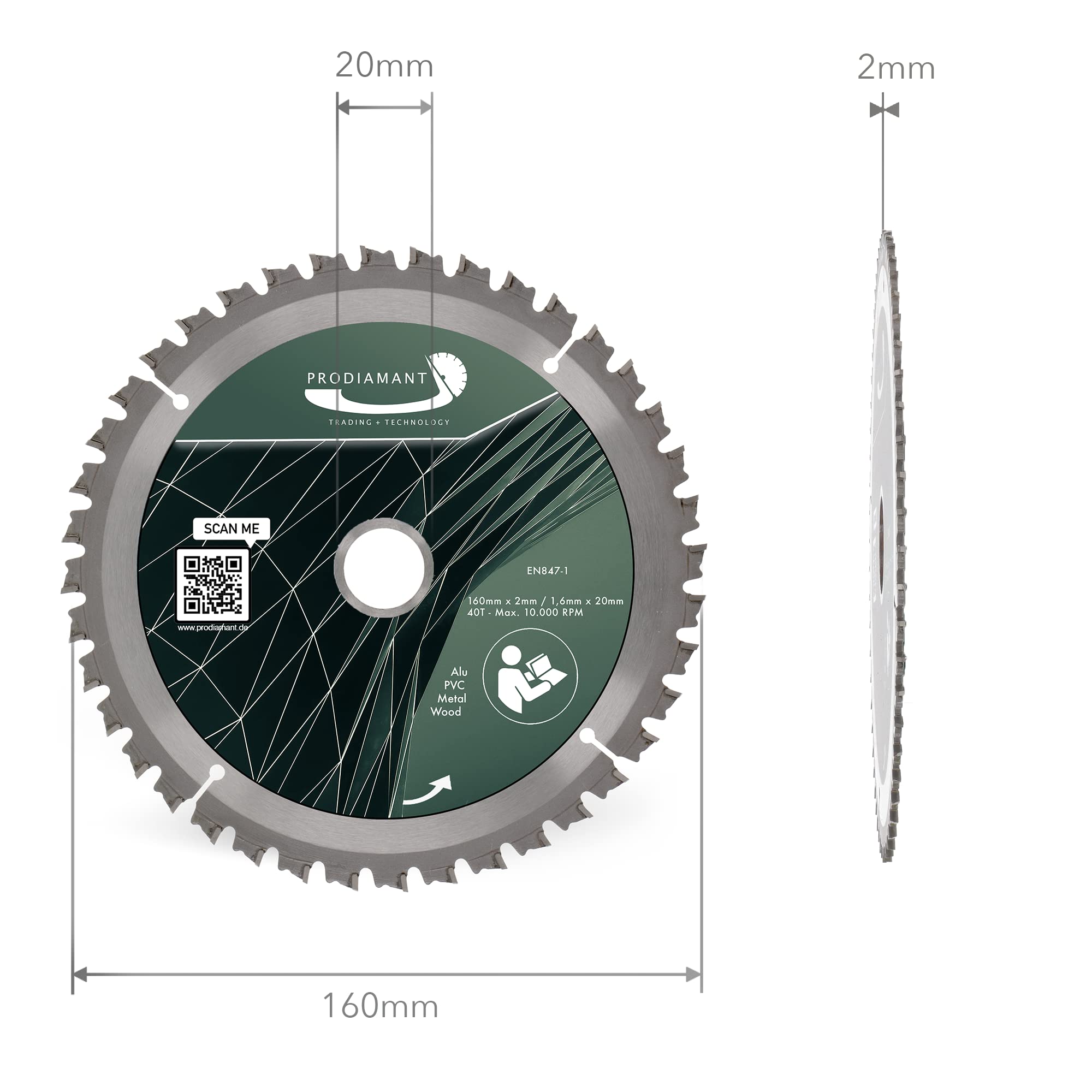 PRODIAMANT Brzeszczot do piły tarczowej 160 mm x 20 mm | precyzyjny brzeszczot do drewna, metalu, aluminium – nadaje się do piły ukośnej, zanurzeniowej i stołowej