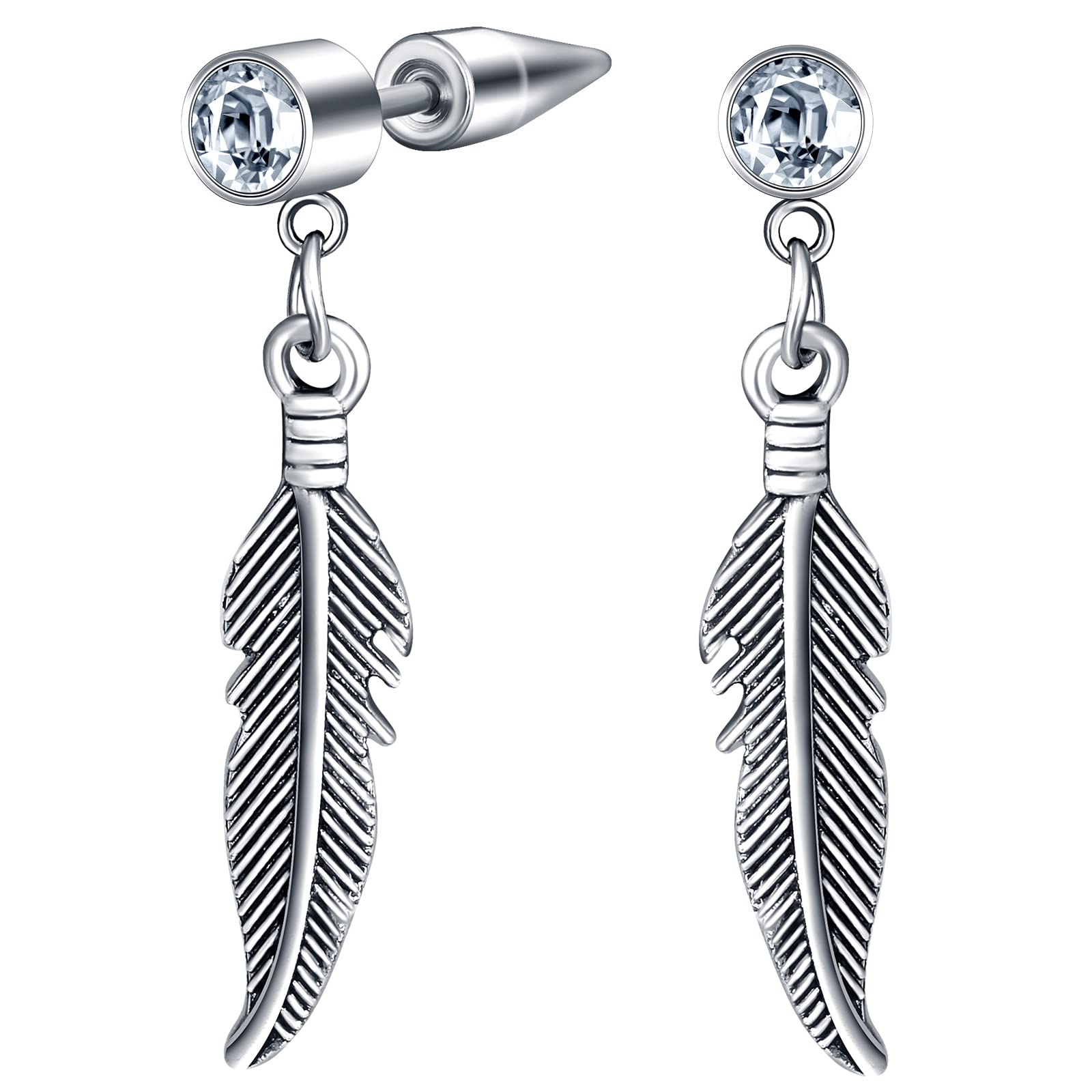 MicVivienStainless Steel Feather Dangle Earrings for Men Women Screw Button and Cone Spiked Earrings with Pendant